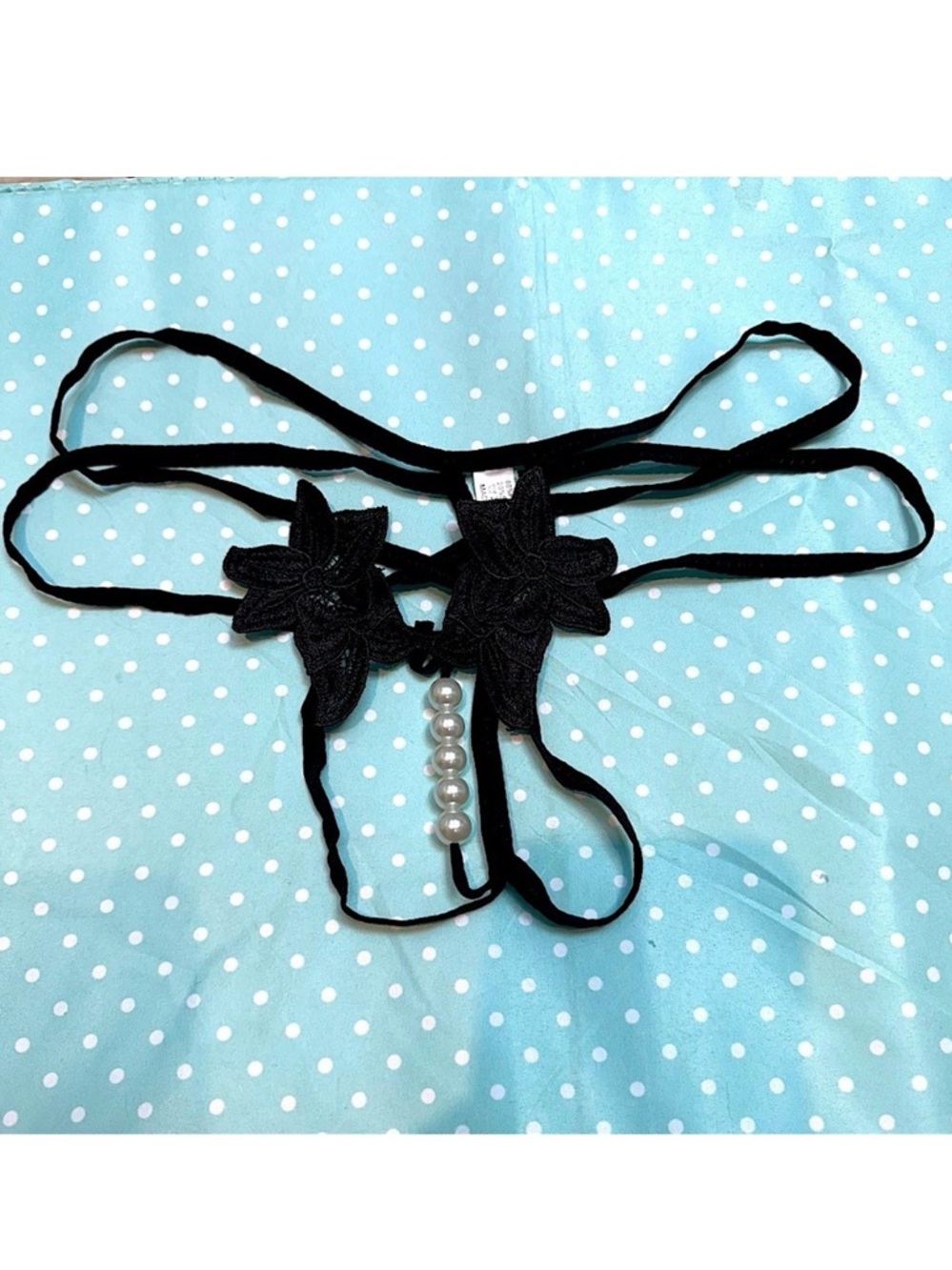 NEW Crotchless Black Strappy Gstring Thong Panties With Pearls & Floral Detail